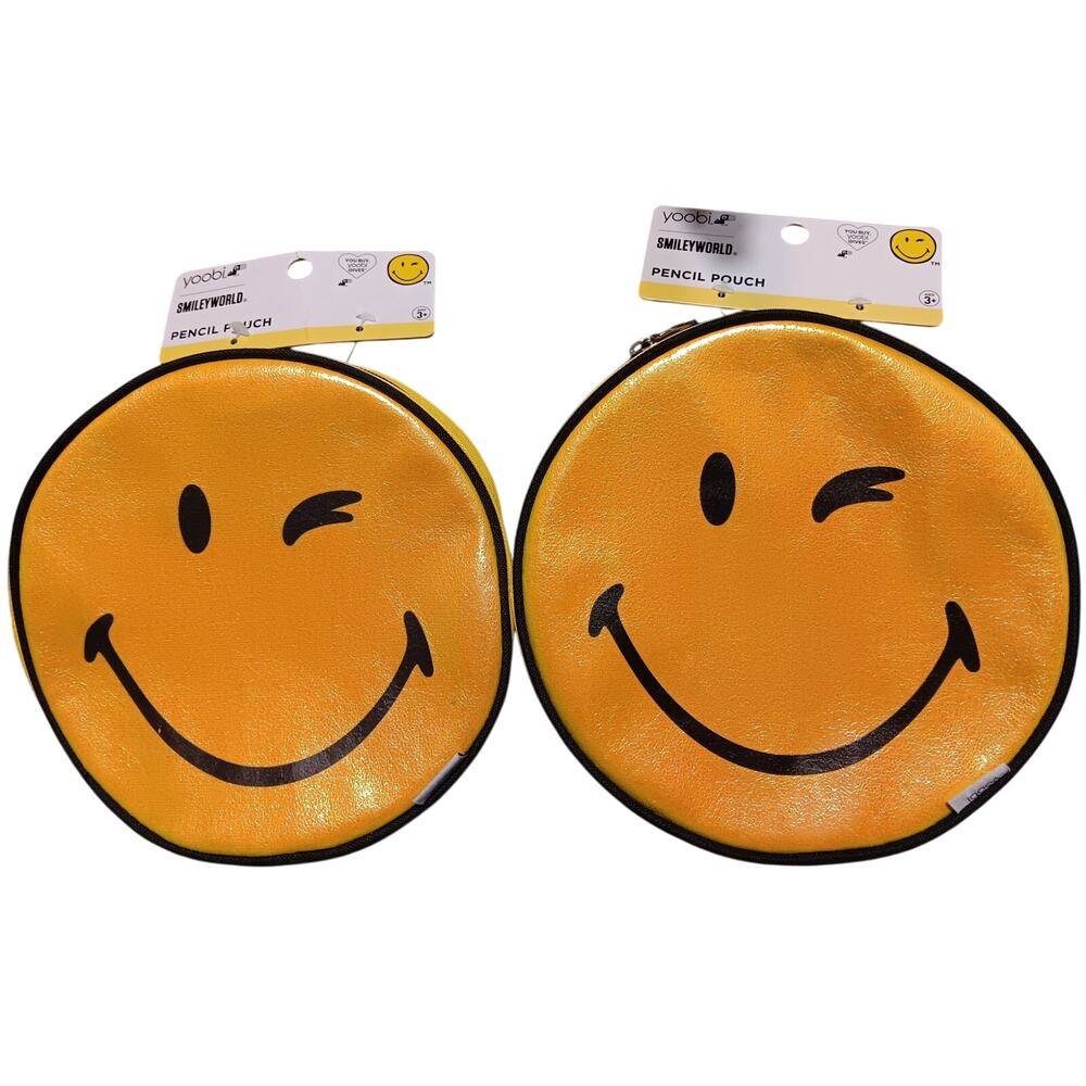 Yoobi Smiley World Round Pencil Pouches (Qty 2) NEW w TAGS Sparkly Front